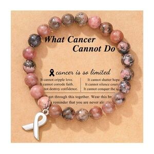 Pink and Gray Beaded Bracelet with Ribbon Charm Rhodochrosite